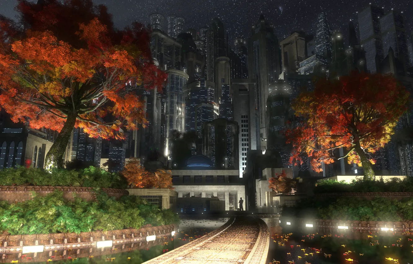 Фото обои осень, деревья, город, сад, digital, autumn, Gotham garden