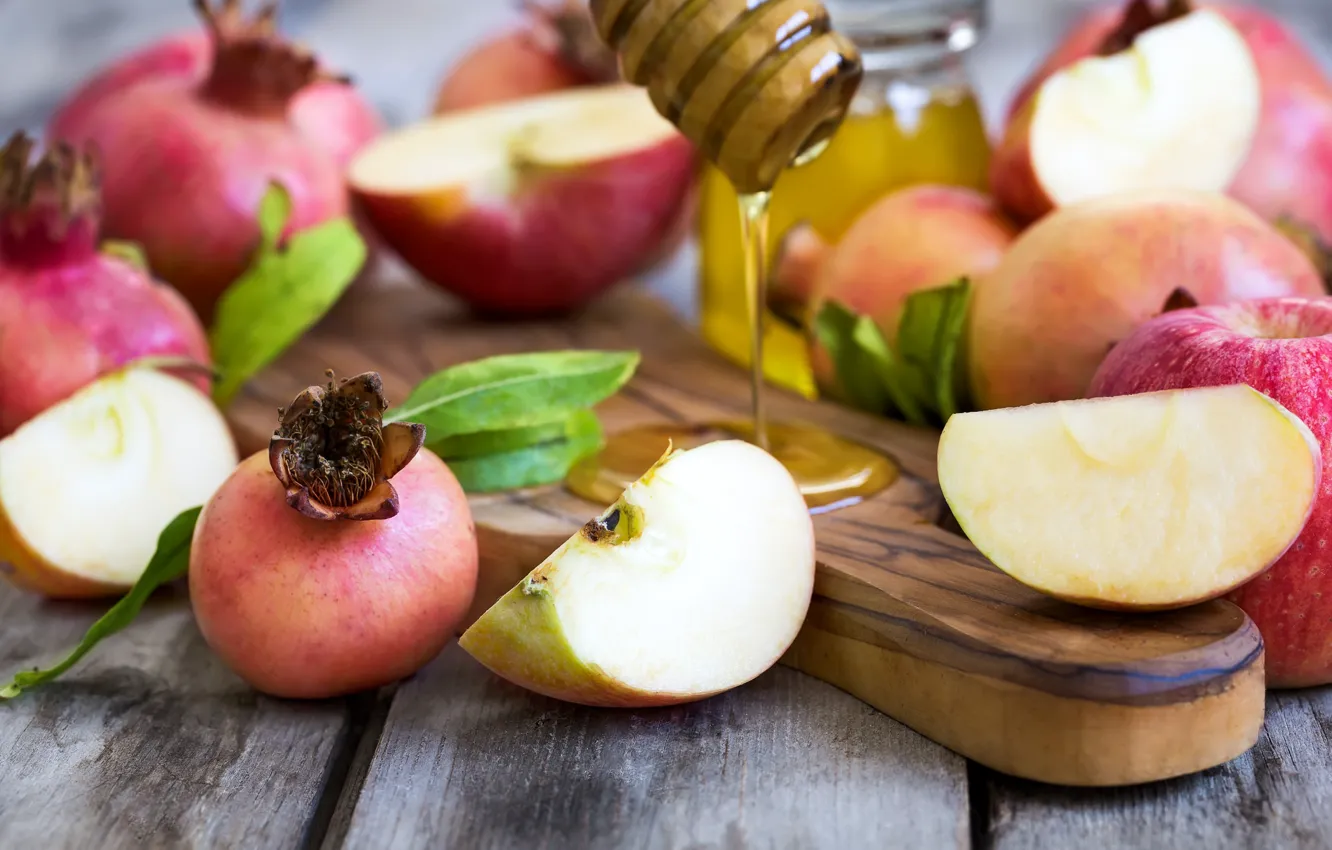 Фото обои яблоки, мед, дольки, гранат