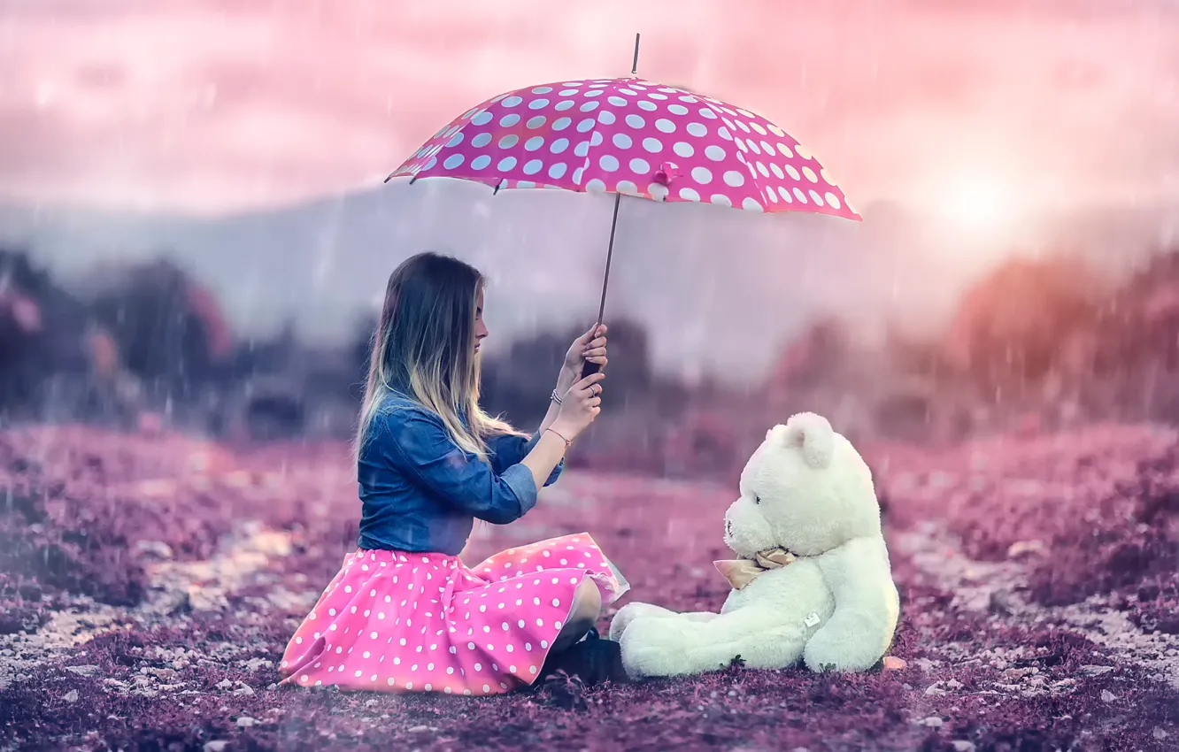 Фото обои девушка, дождь, зонт, мишка, Alessandro Di Cicco, Me and Teddy