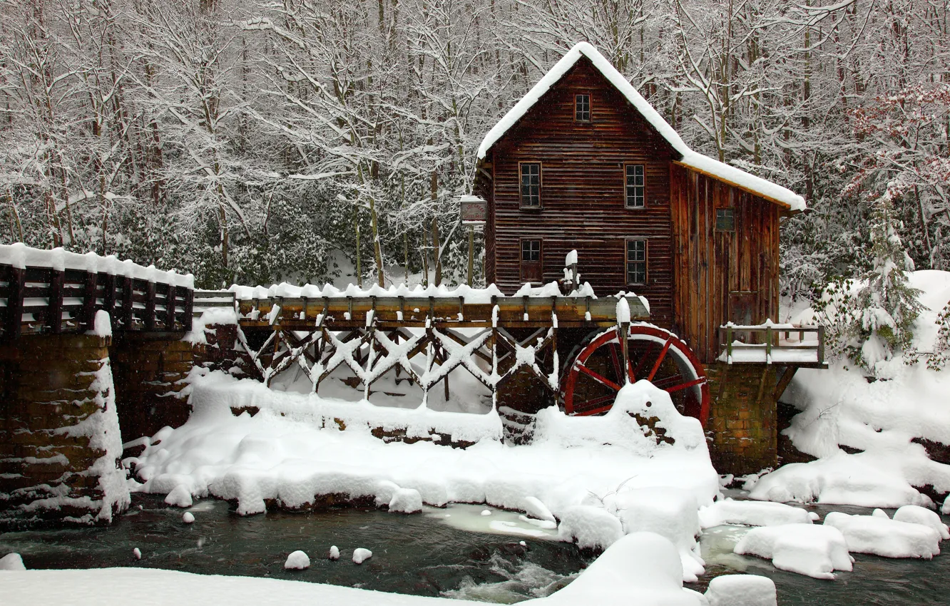 Фото обои river, bridge, winter, snow, mill