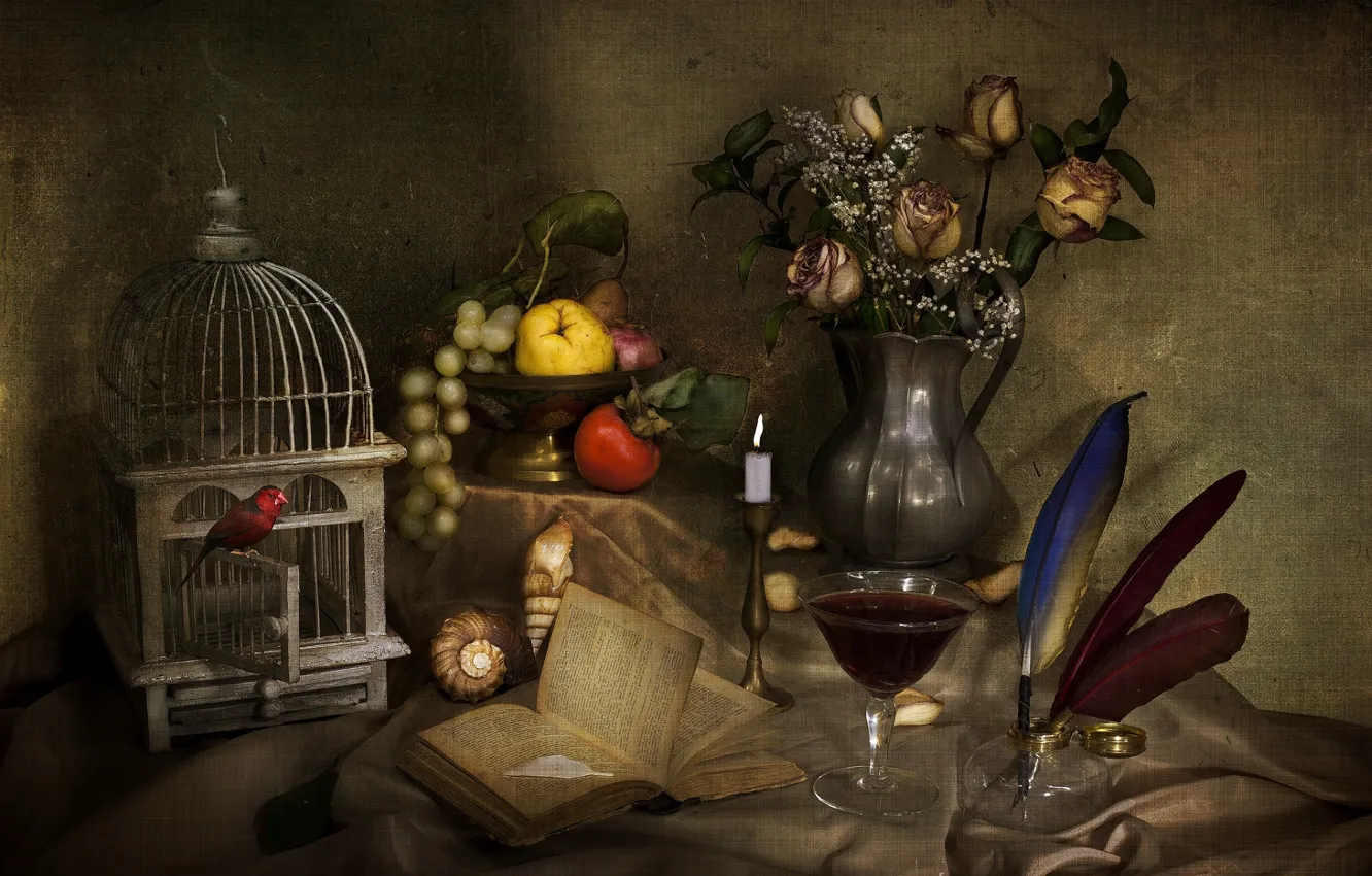 Фото обои вино, птица, бокал, розы, свеча, букет, текстура, клетка