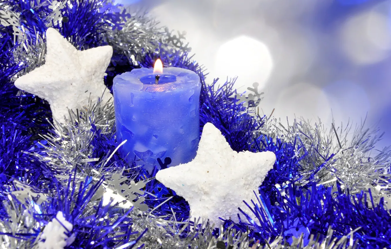 Фото обои звезды, украшения, синий, праздник, звезда, новый год, свеча, мишура