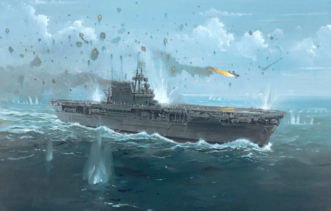 Фото обои рисунок, арт, авианосец, выстрелы, WW2, ВМФ США, шапки разрывов, 24 августа 1942 года