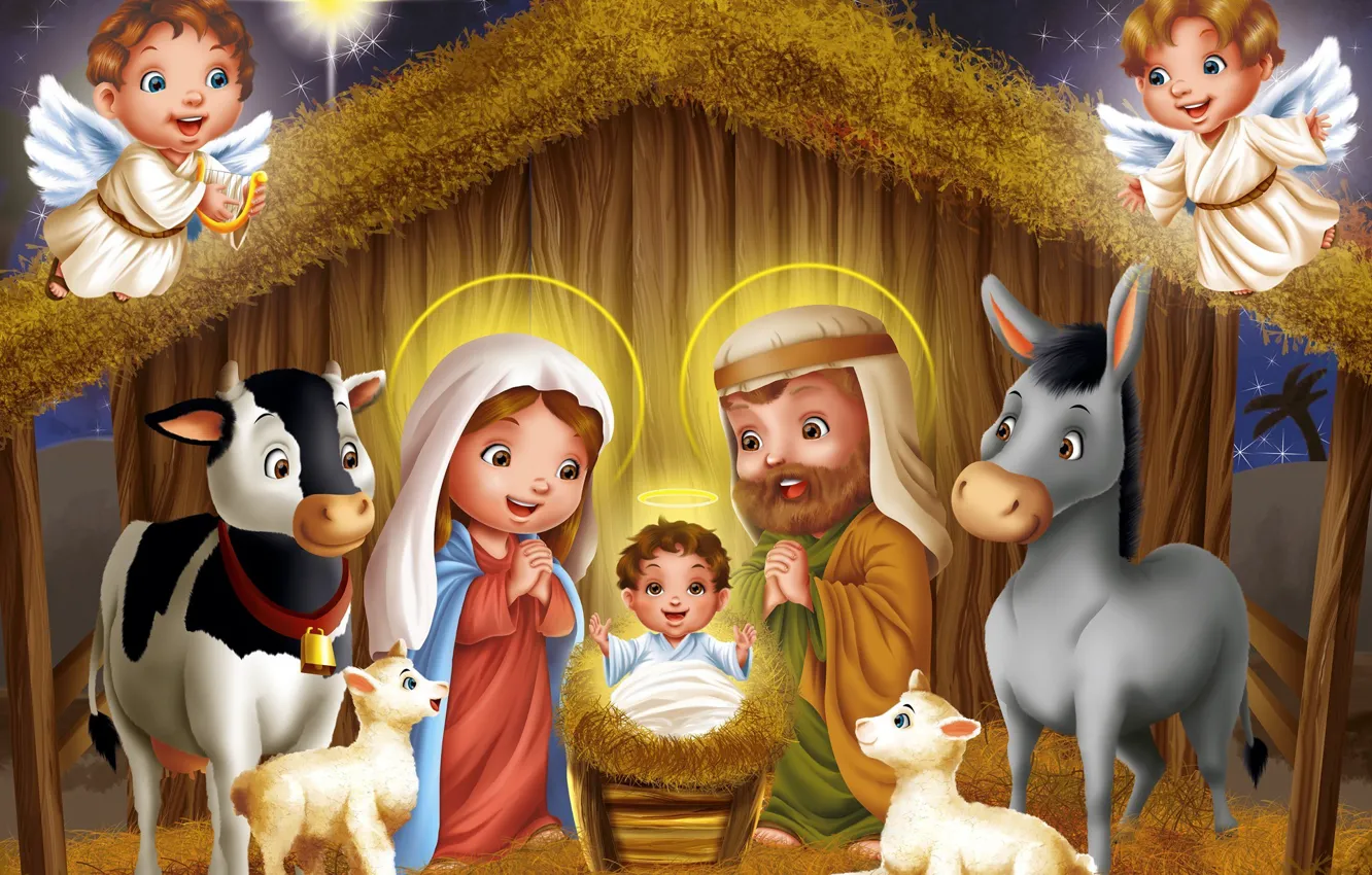 Фото обои ночь, звезда, овцы, ребенок, корова, ангелы, арт, сено