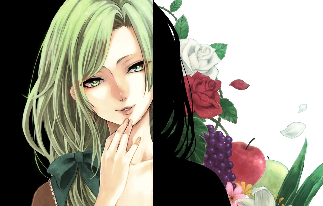 Фото обои цветы, Девушка, фрукты, зеленые волосы