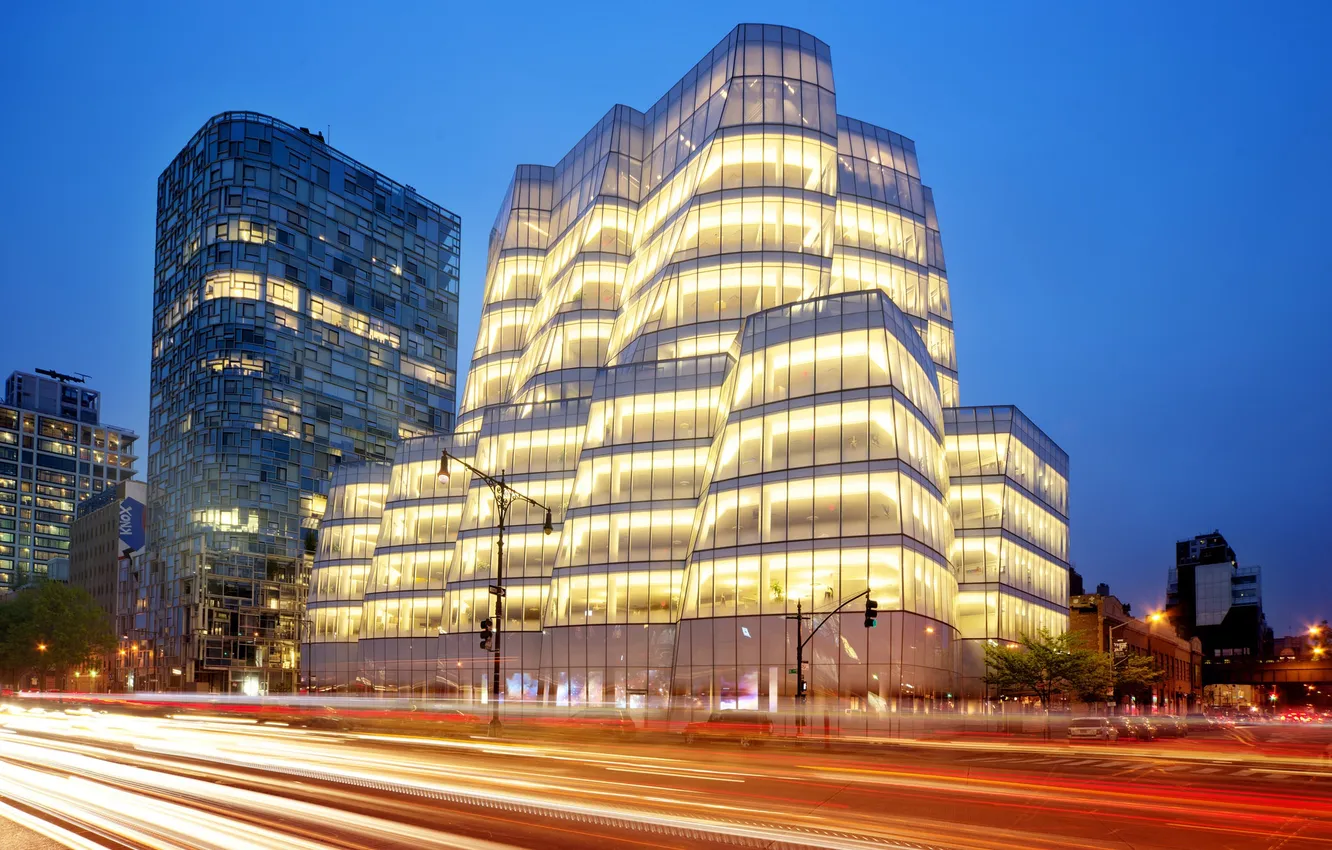 Фото обои свет, ночь, огни, улица, трасса, дома