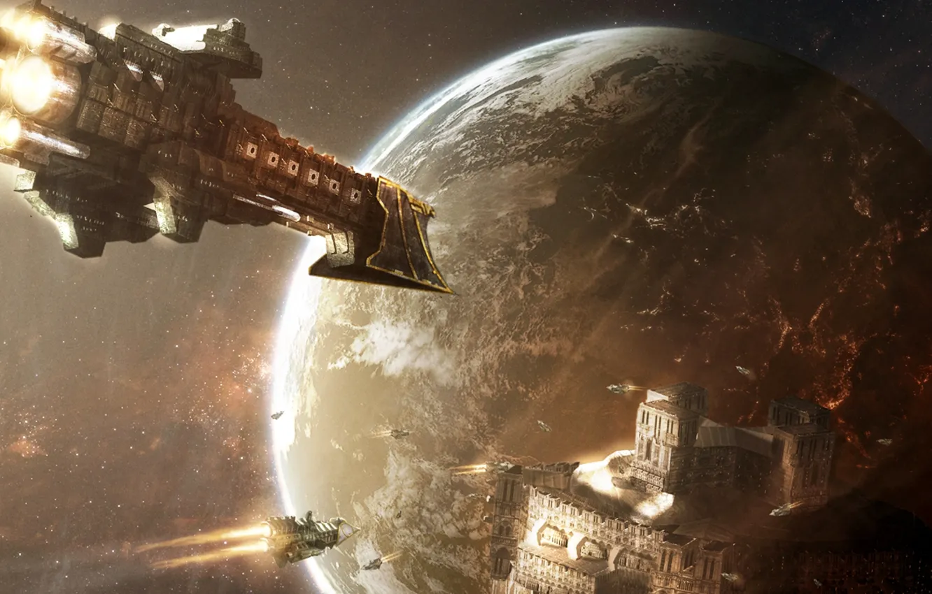 Фото обои space, stars, planet, spaceships, damaris