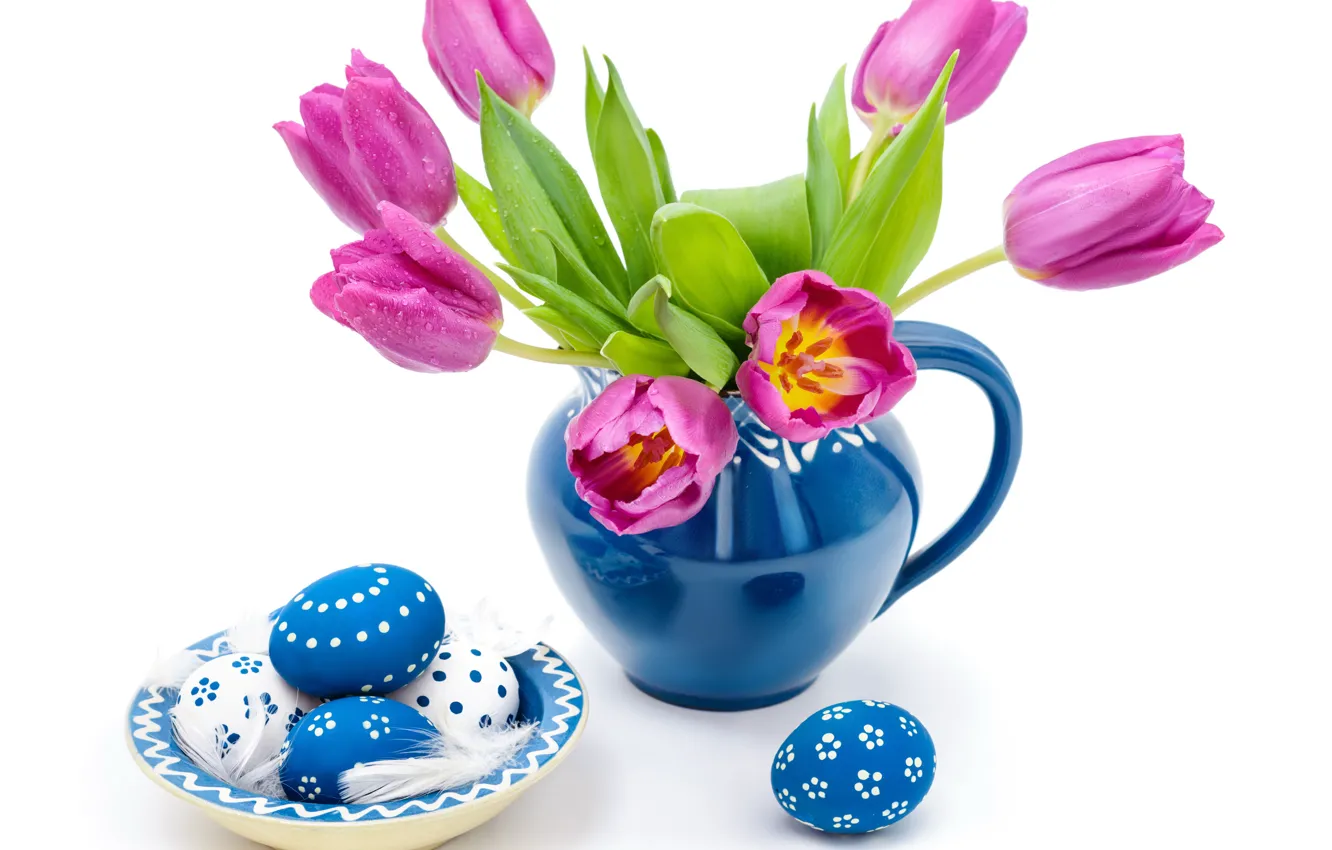 Фото обои капли, яйца, весна, пасха, тюльпаны, синие, easter