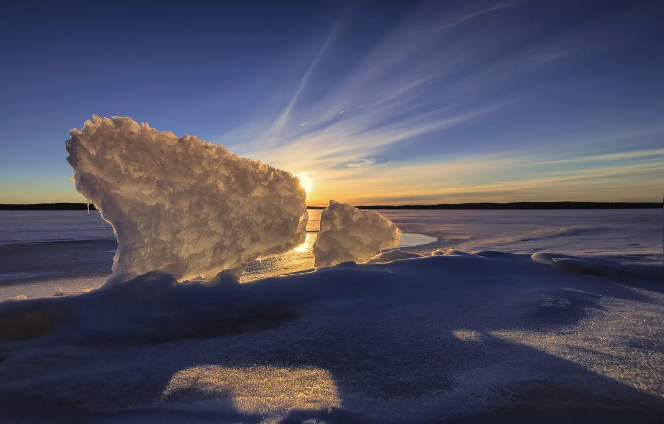 Фото обои зима, закат, озеро, лёд, Финляндия, Finland, Jaala, Lake Karijärvi