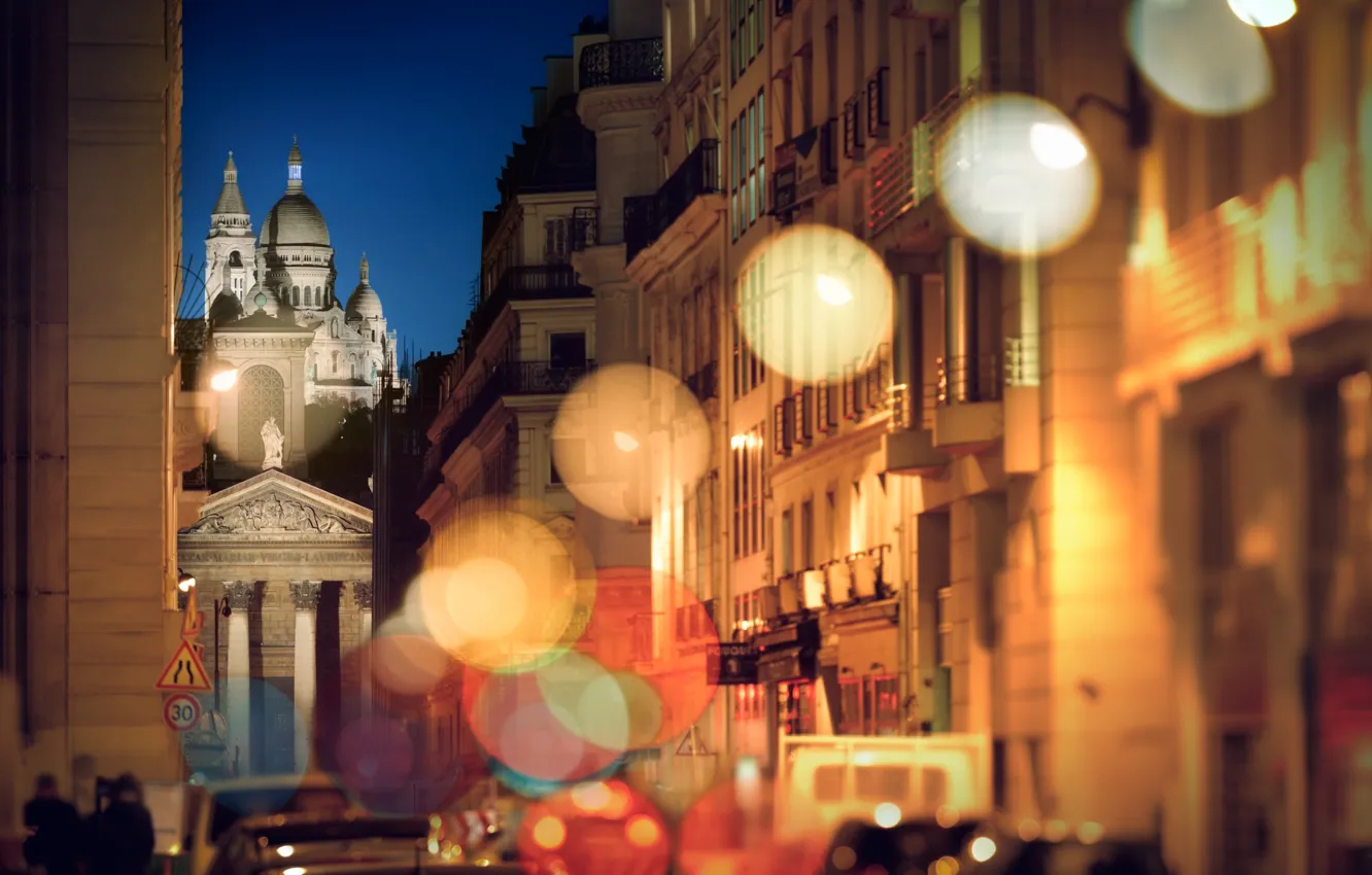 Фото обои дорога, ночь, Париж, Монмартр