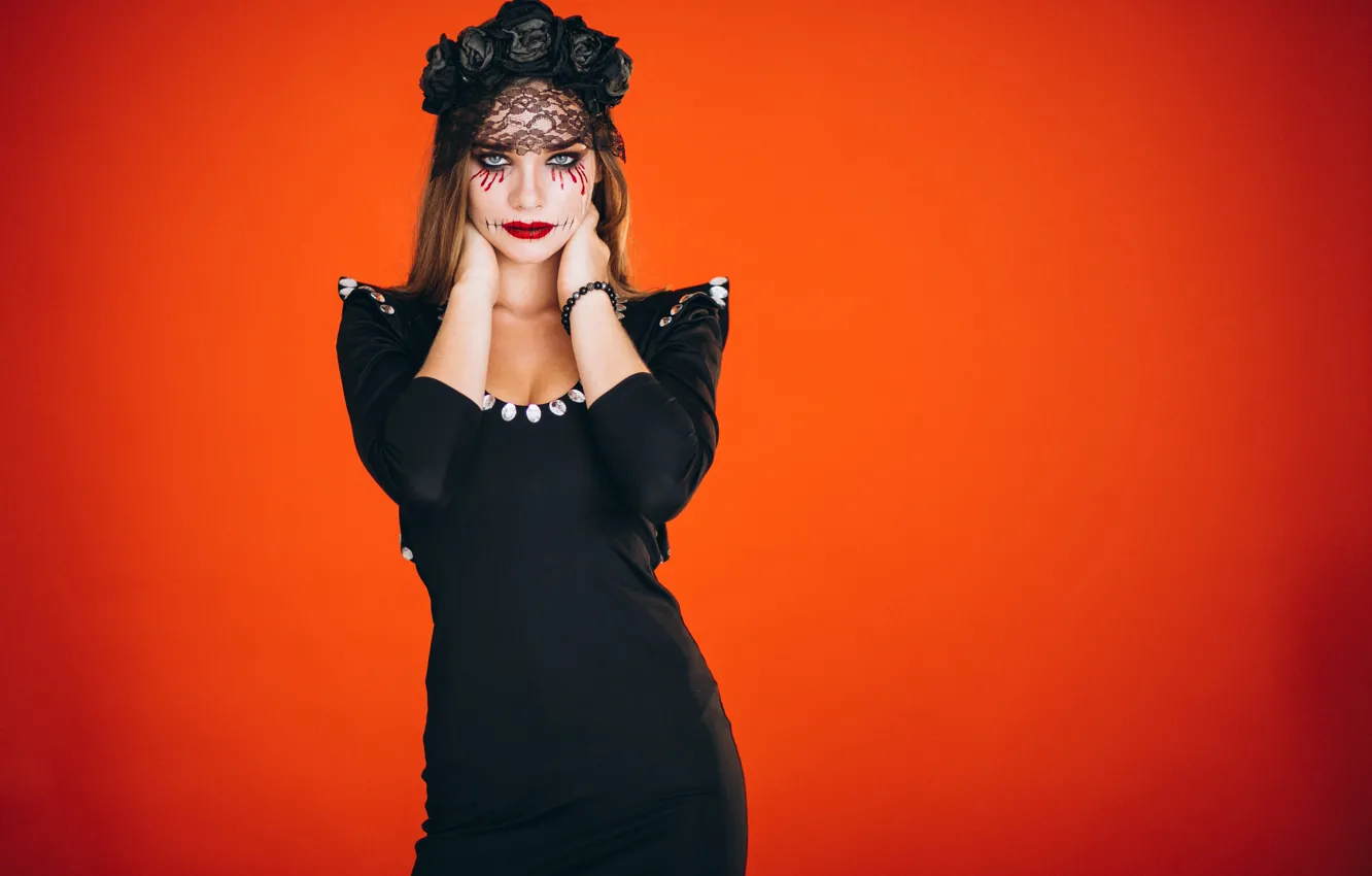Фото обои осень, девушка, праздник, макияж, тыква, Хеллоуин, ведьма, хэллоуин