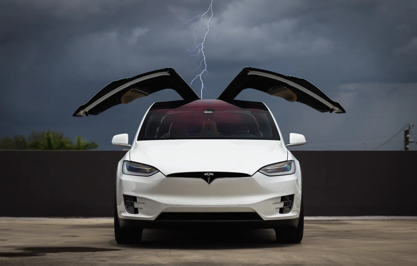 Фото обои Clouds, White, Tesla, Falcon, Model X, Wing, Lighting, Electric Car