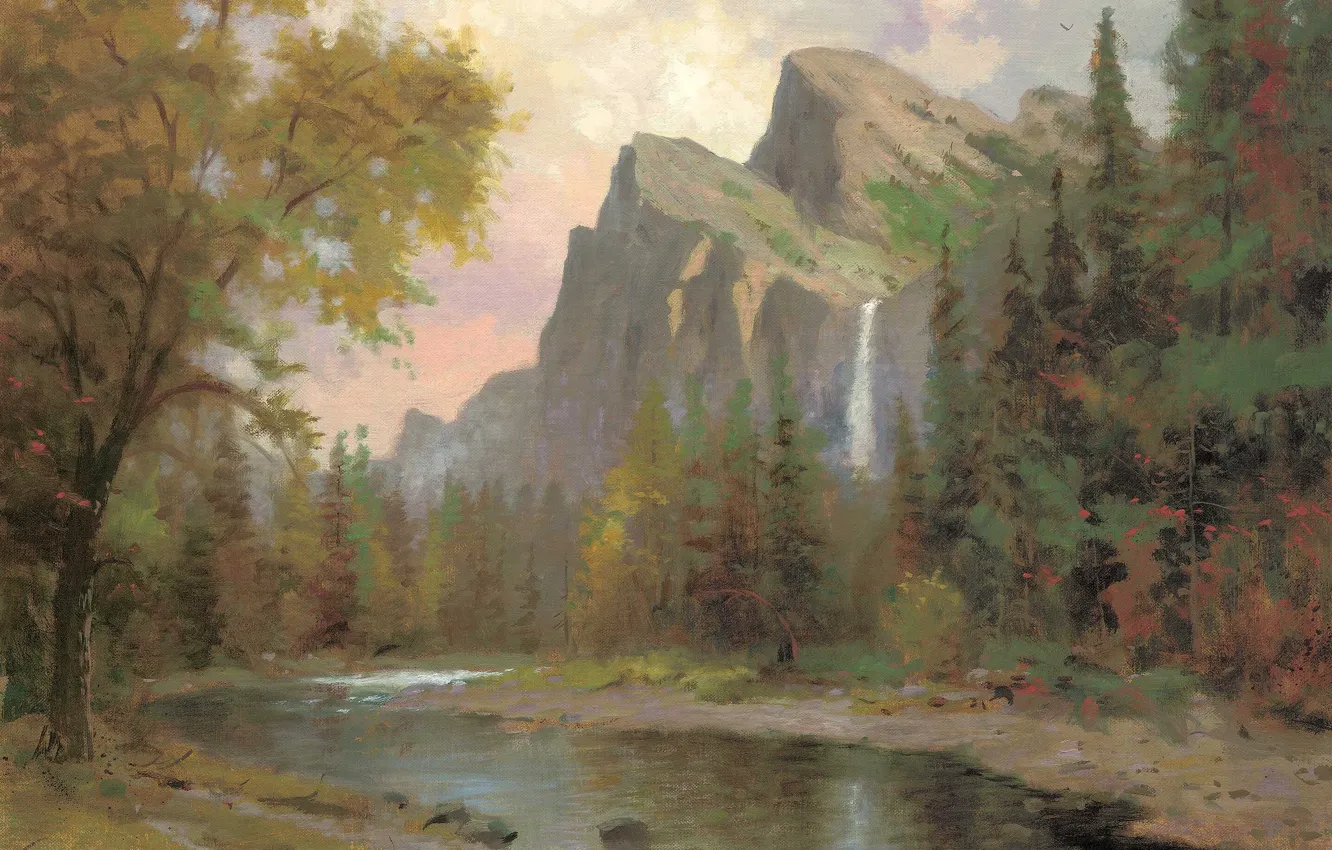 Фото обои river, trees, Yosemite Valley, rocks, Thomas Kinkade, Yosemite Nation Park