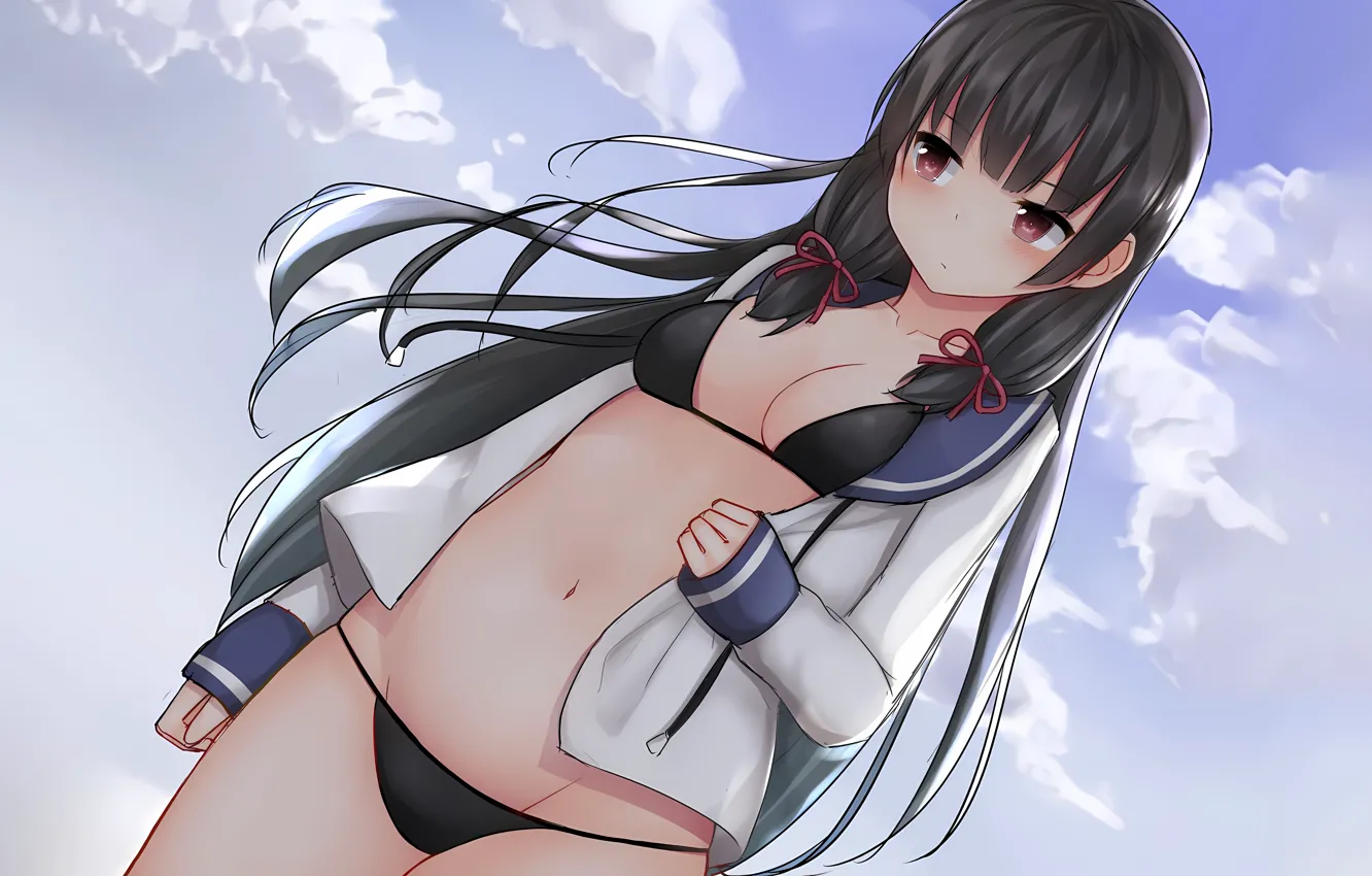 Фото обои girl, sexy, cleavage, long hair, brown eyes, boobs, anime, beautiful