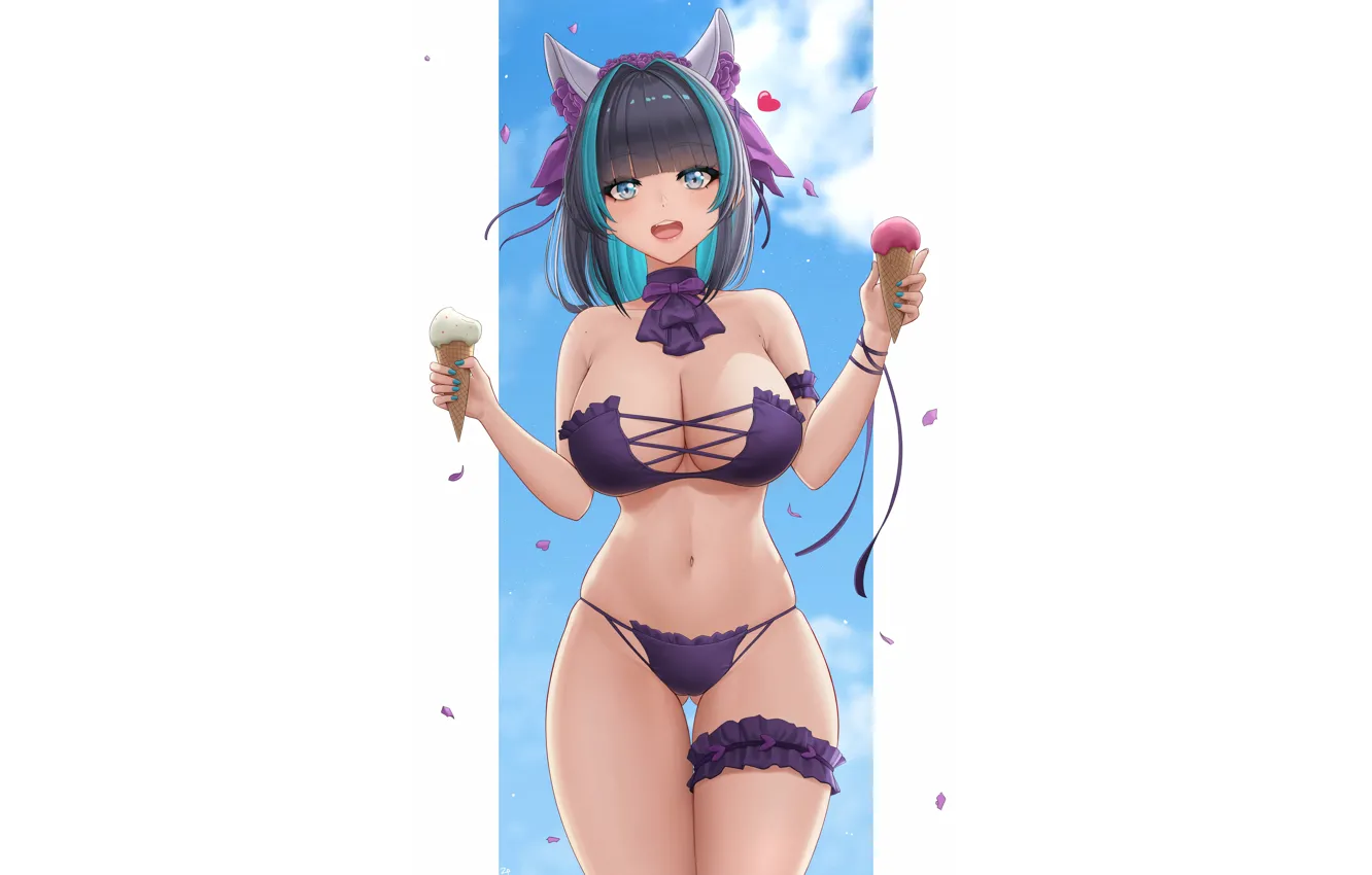 Фото обои girl, summer, sexy, cleavage, boobs, anime, blue eyes, beautiful
