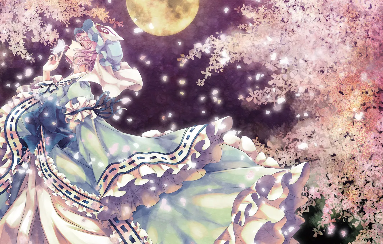 Фото обои девушка, ночь, дерево, магия, бабочка, спокойствие, сакура, полнолуние