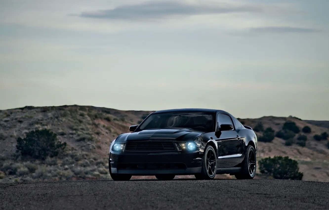 Фото обои небо, чёрный, Mustang, Ford, мустанг, мускул кар, black, форд