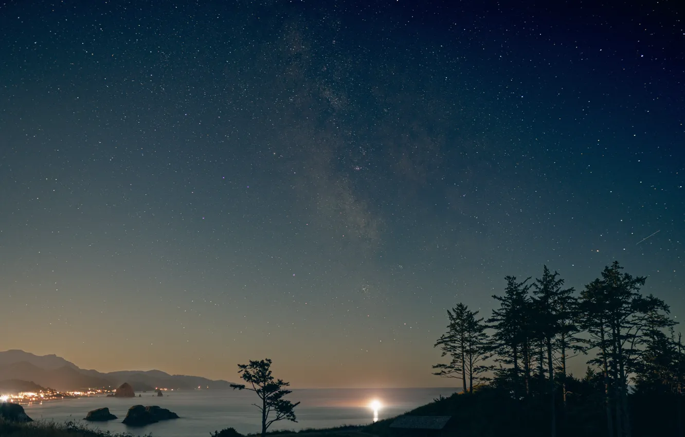 Фото обои City, Nature, Stars, Beach, Water, Night, Milky Way, Ocean