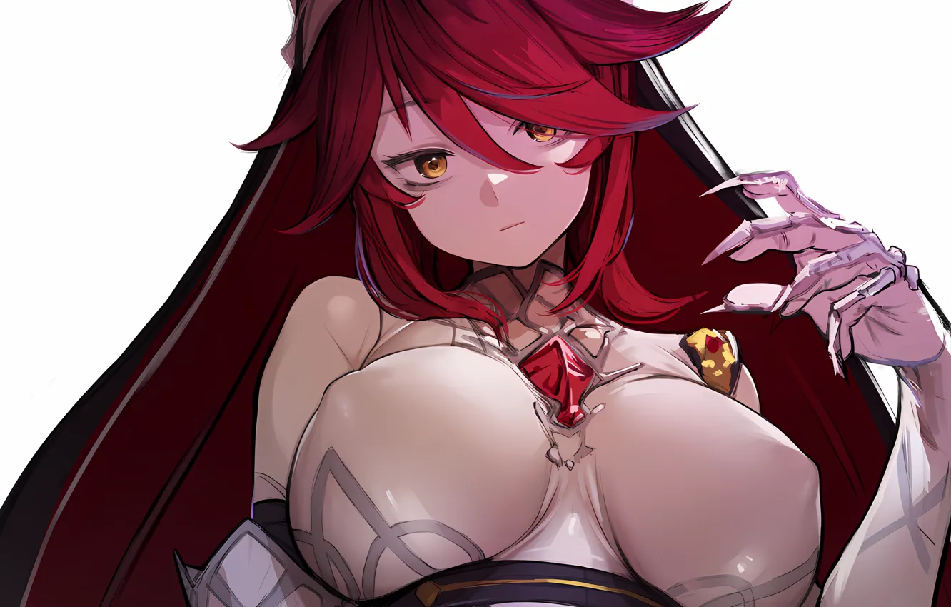 Фото обои girl, sexy, blouse, erect nipples, red hair, long hair, boobs, anime