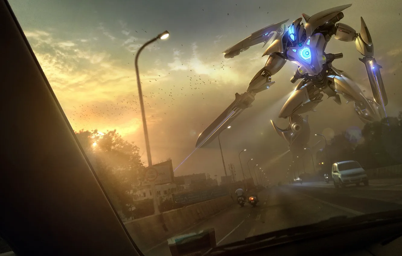 Фото обои город, робот, арт