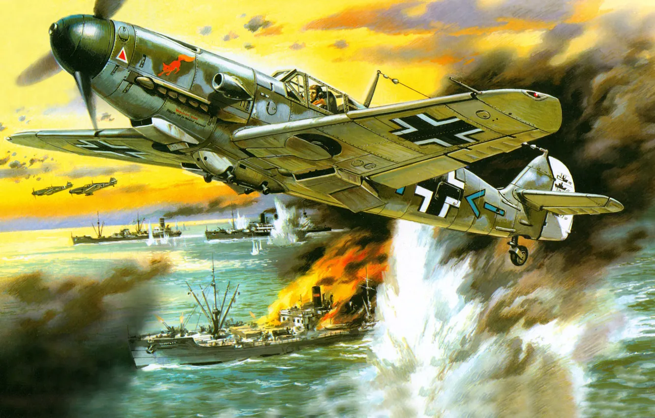 Фото обои атака, рисунок, корабли, арт, Messerschmitt, Luftwaffe, одномоторный поршневой истребитель-низкоплан, Фридрих