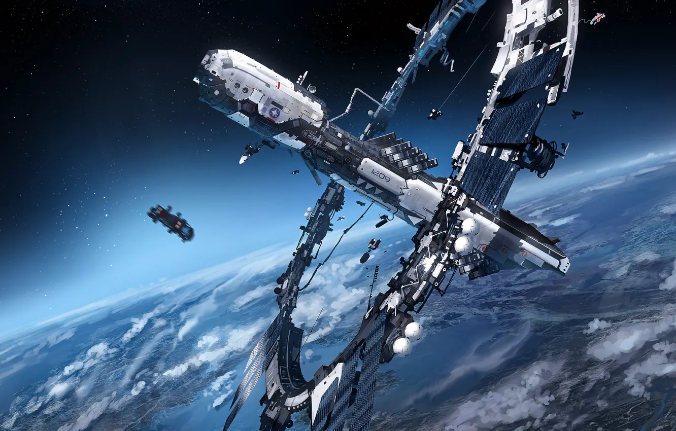 Фото обои space, Earth, water, clouds, stars, planet, digital art, futuristic