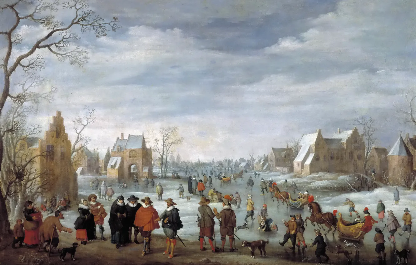 Фото обои город, люди, дома, картина, Joost Cornelisz. Droochsloot, Зимний Пейзаж с Катанием на Льду