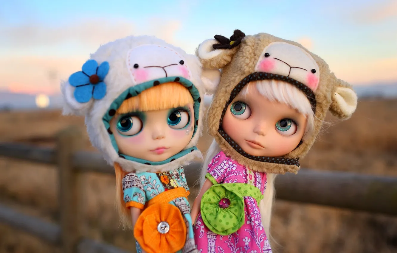 Фото обои природа, девочки, игрушки, куклы, шапки