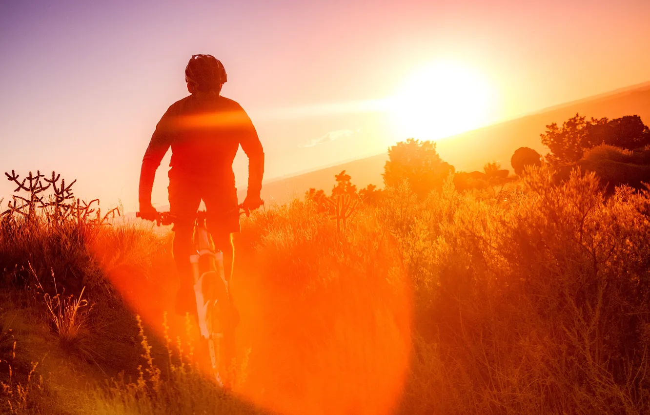 Фото обои природа, утро, спортсмен, велосипедист, Sandia mountains bike