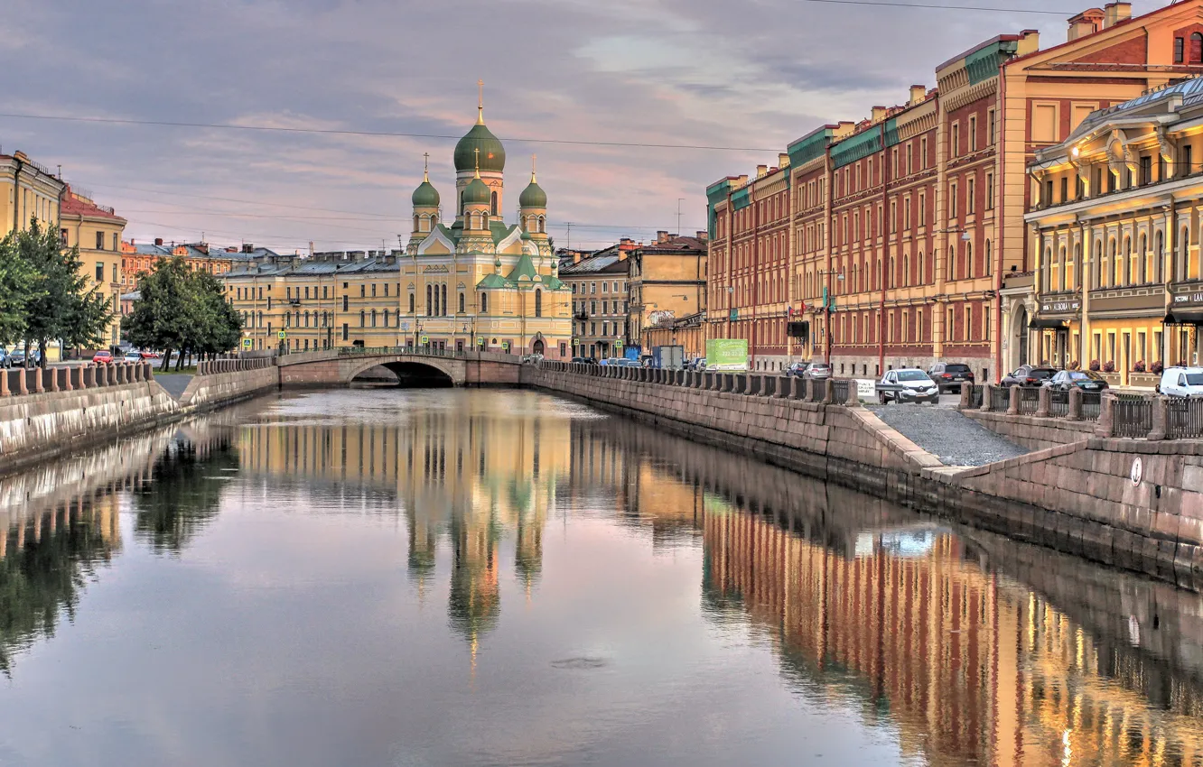 Фото обои мост, город, здания, дома, утро, Питер, Санкт-Петербург, церковь