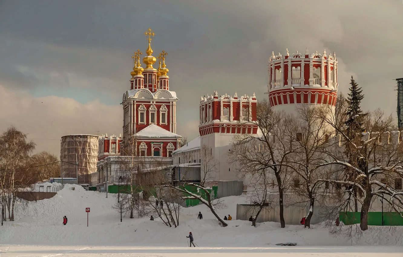 Фото обои зима, снег, пейзаж, город, Москва, Новодевичий монастырь, Вячеслав Бирюков