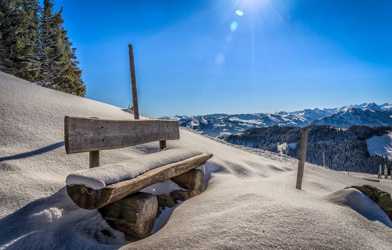 Фото обои солнце, снег, горы, скамья, Austria, Tyrol, Ellmau, Weissachgraben