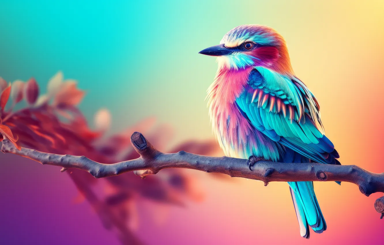Фото обои colorful, animals, minimalism, art, birds, digital art, branch, blurred
