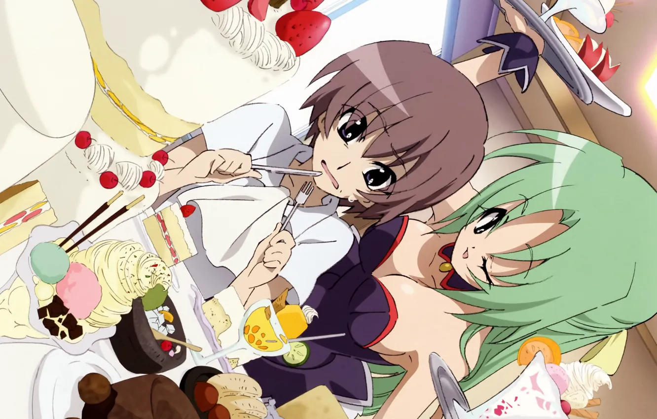 Фото обои коктейль, сладости, корсет, парень, страшно, Higurashi no Naku Koro ni, зеленые волосы, подмигивание