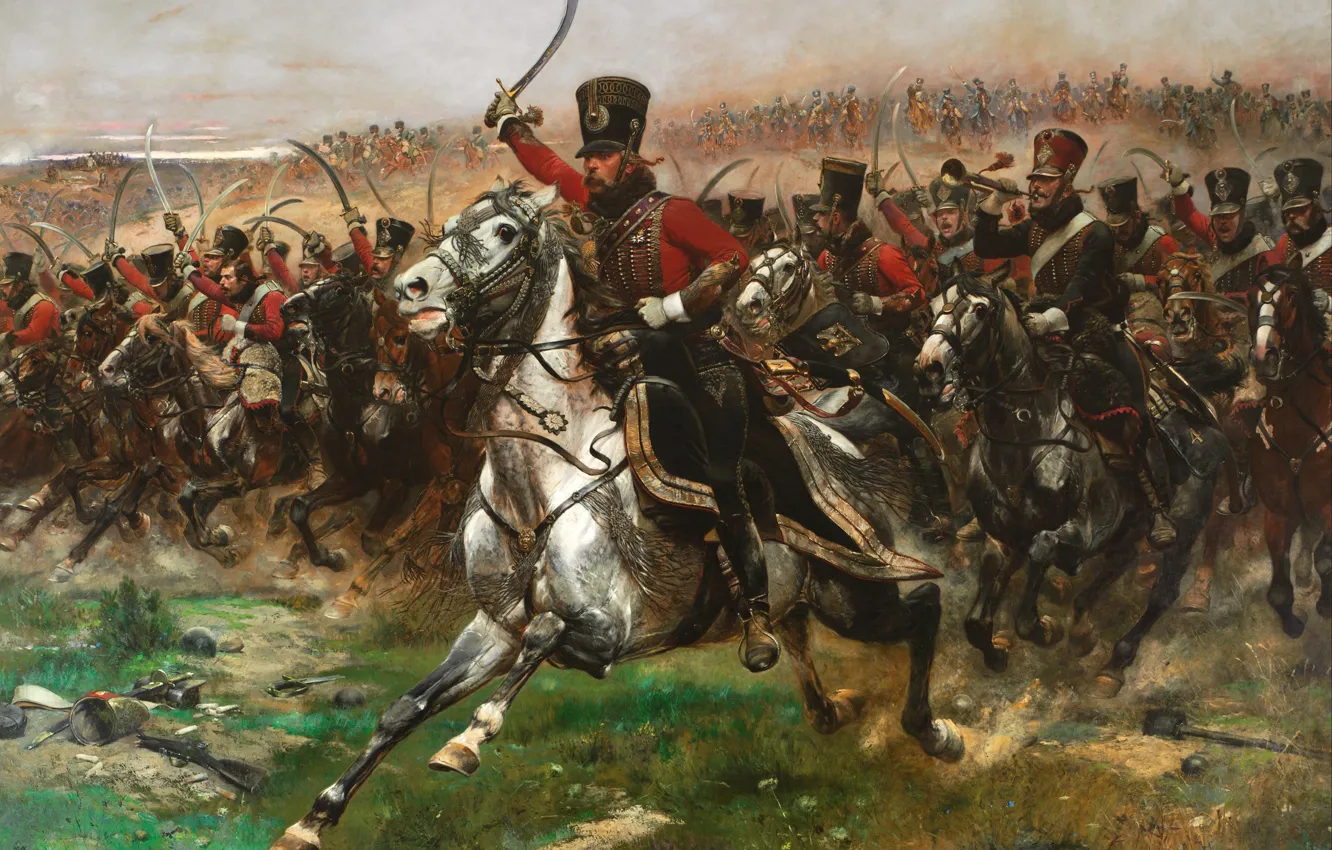Фото обои Art, Painting, Cavalry, Charge, Hussars of the Napoleonic Wars, Hussars