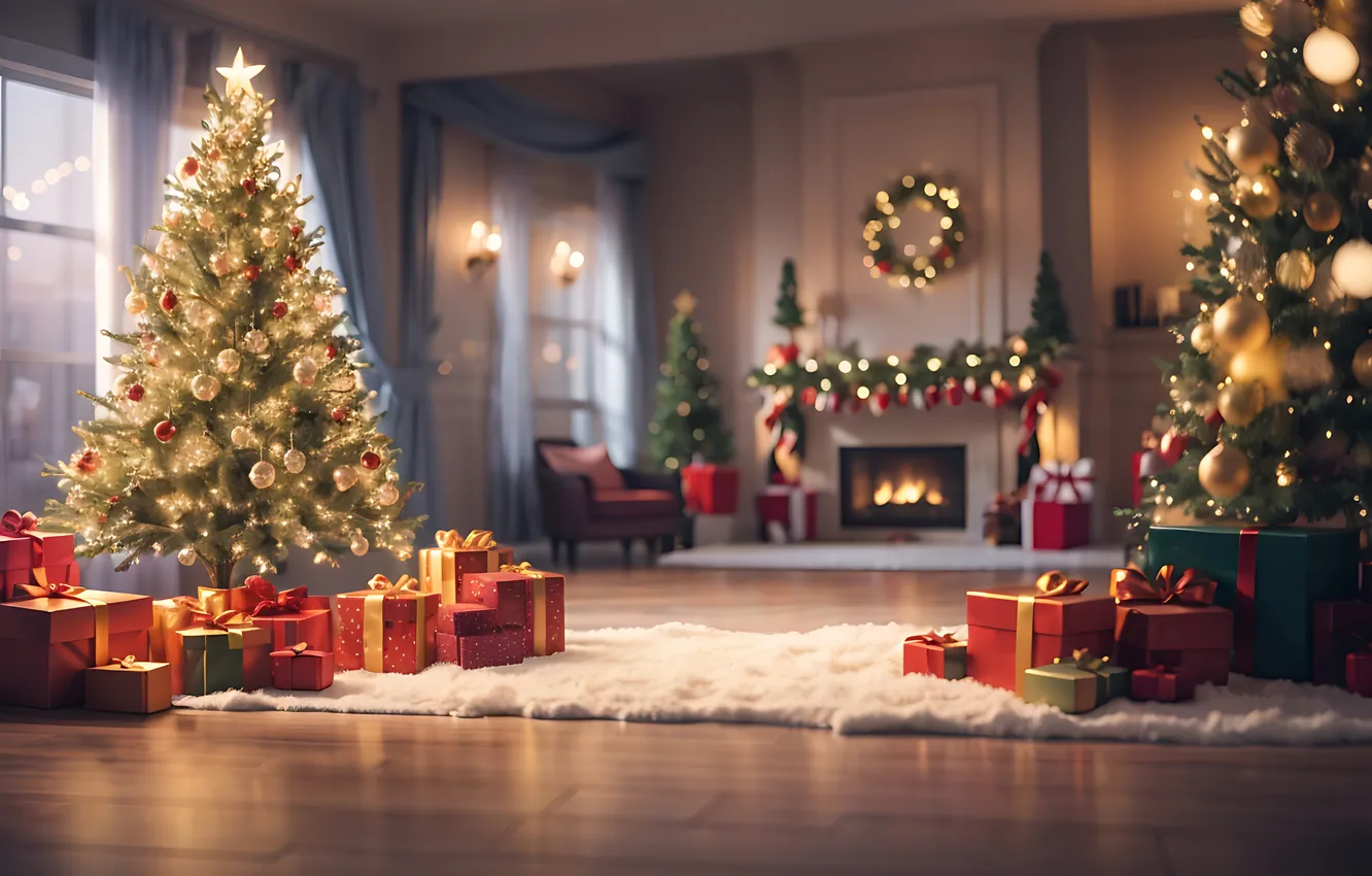 Фото обои комната, елка, интерьер, Рождество, Новый год, камин, Christmas, view