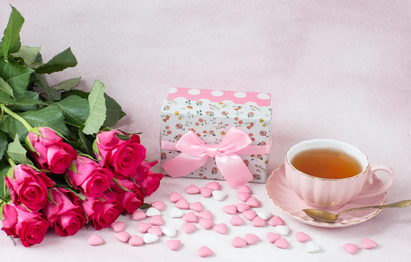 Фото обои подарок, чай, розы, чашка, сердечки, розовые, Julija Vilvarin