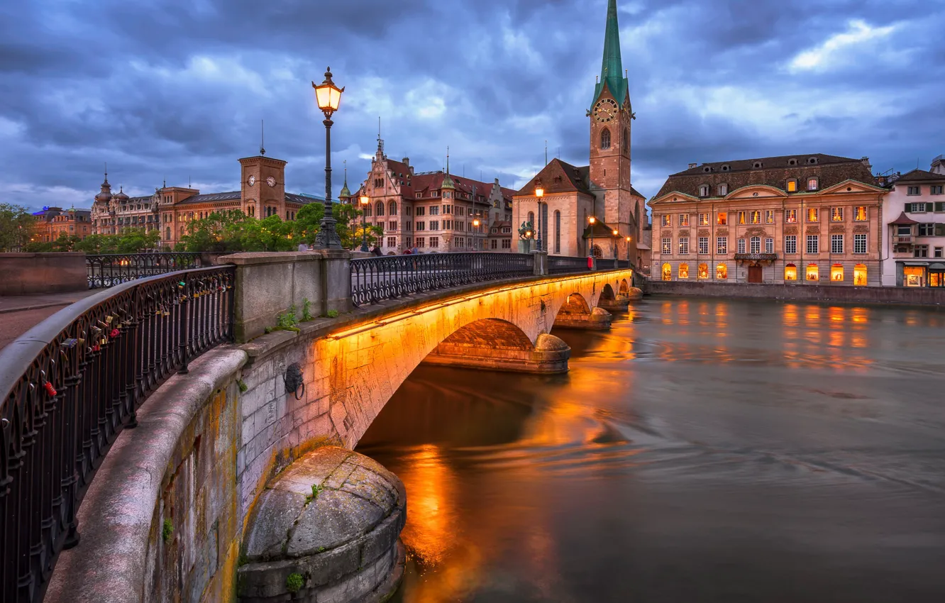 Фото обои мост, город, река, здания, башня, дома, вечер, Швейцария