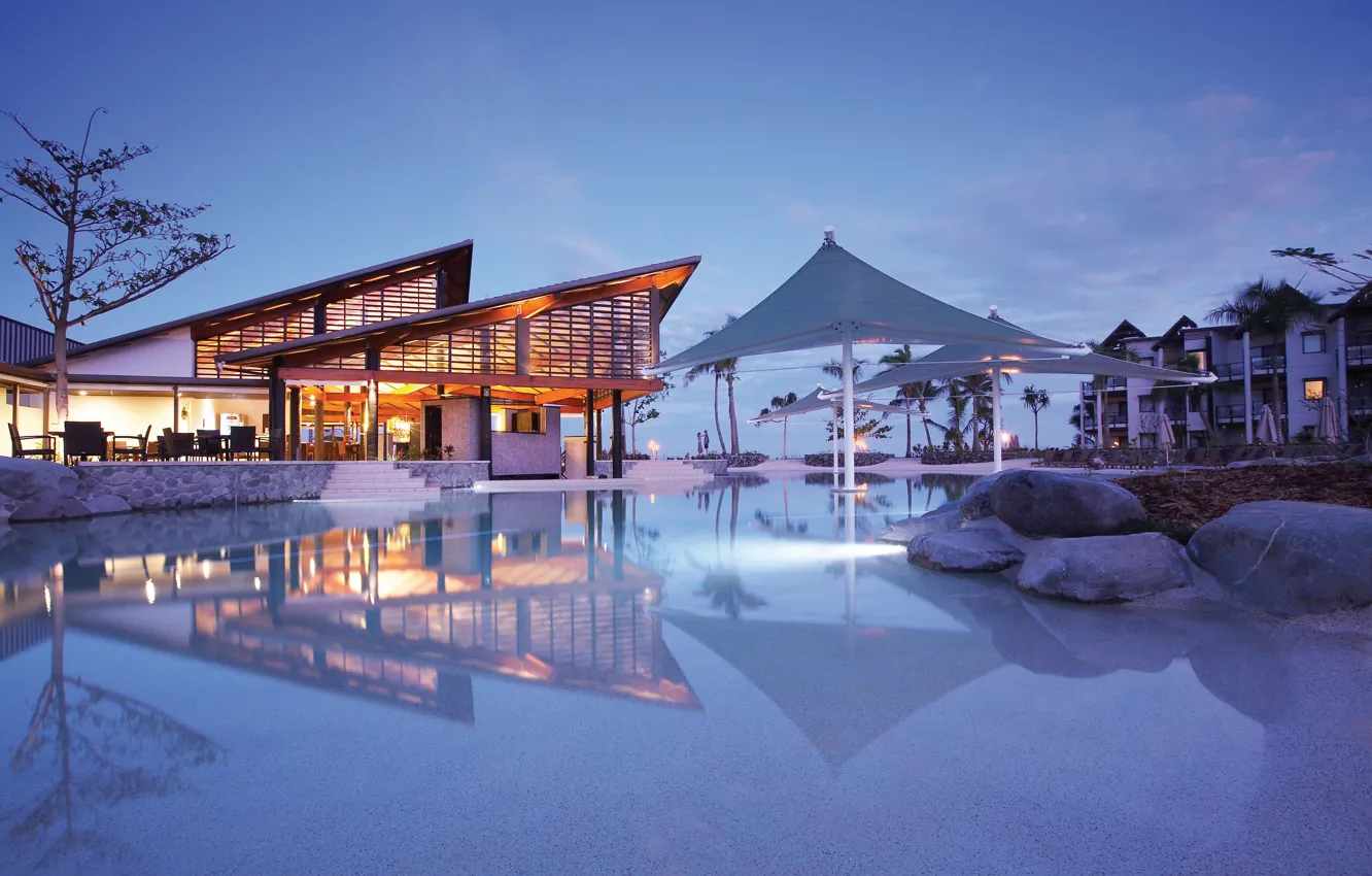 Фото обои океан, вечер, бассейн, курорт, Fiji, Denarau Island, Radisson Blu Resort