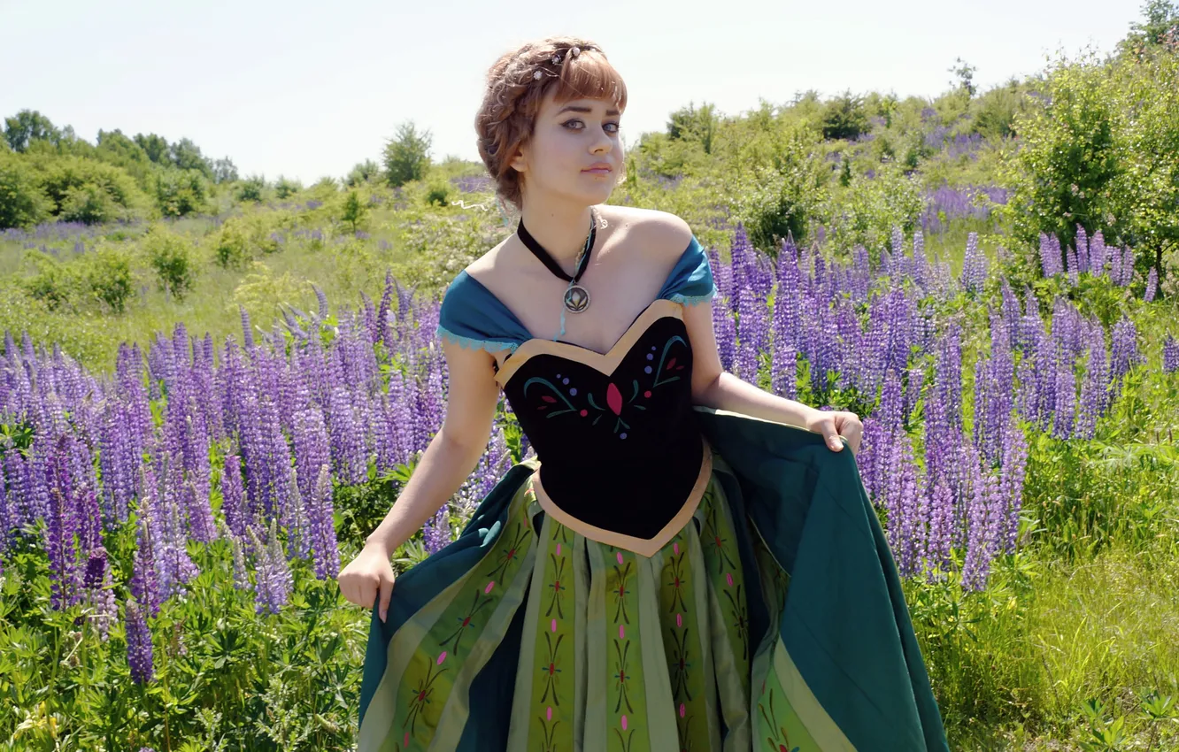 Фото обои поле, девушка, цветы, платье, Frozen, Anna, косплей