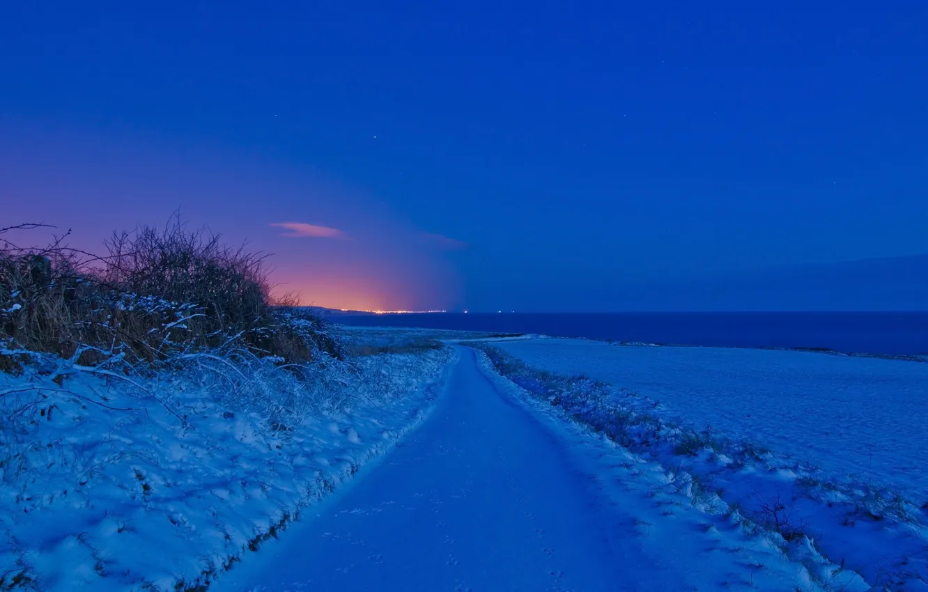 Фото обои зима, дорога, поле, ночь