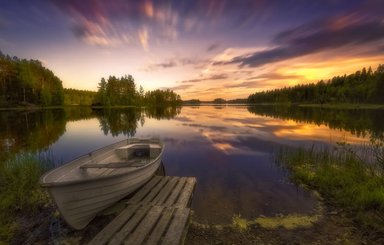 Фото обои закат, озеро, лодка