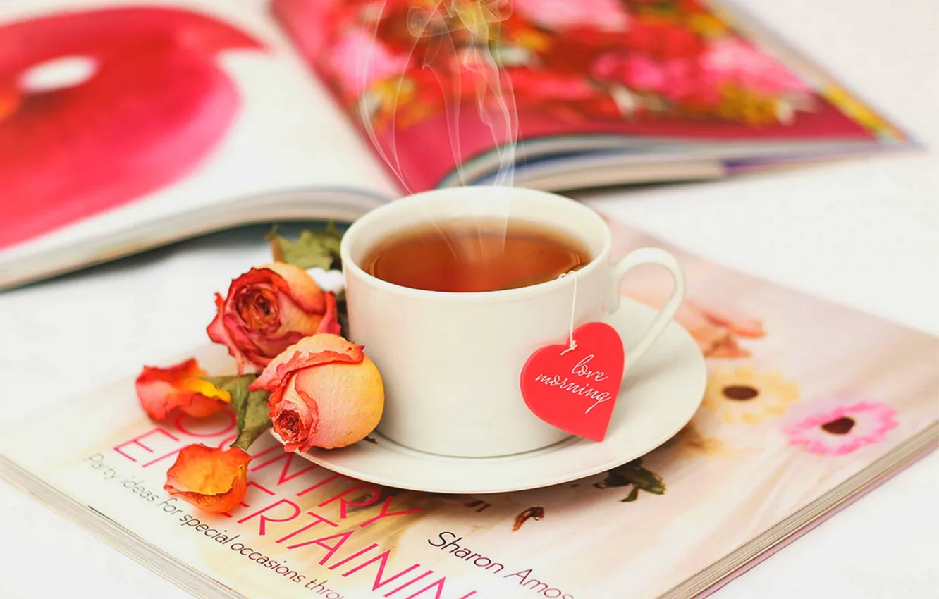 Фото обои любовь, цветы, чай, сердце, розы, лепестки, чашка, love