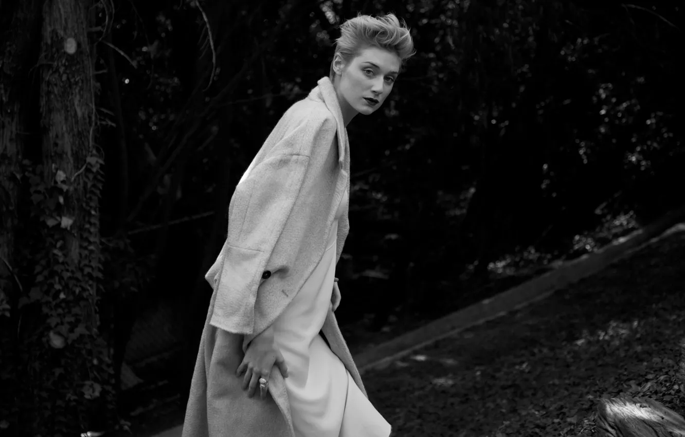 Фото обои улица, модель, актриса, прическа, блондинка, черно-белое, пальто, Elizabeth Debicki