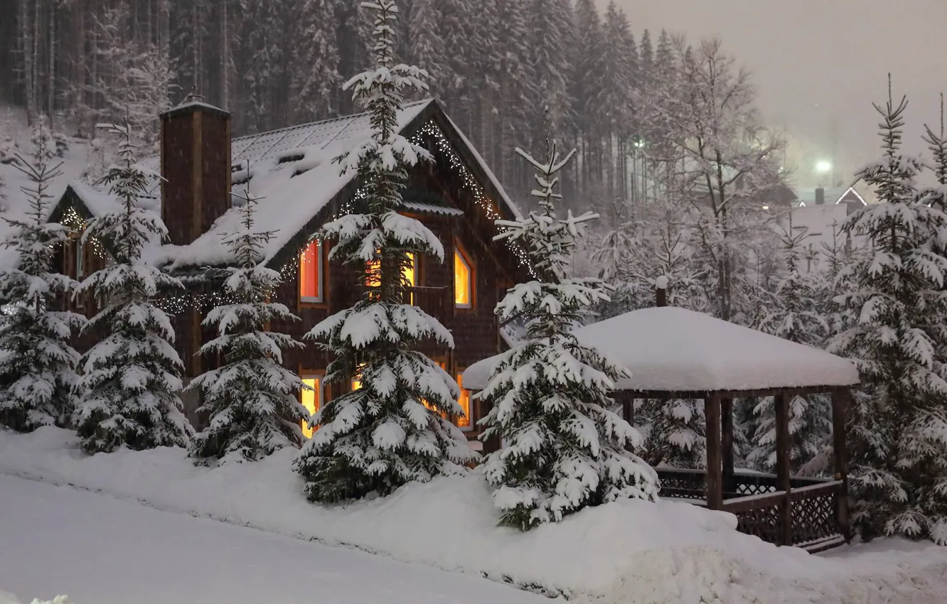 Фото обои Снег, Домик, House, Snow, Зимний лес, Winter forest