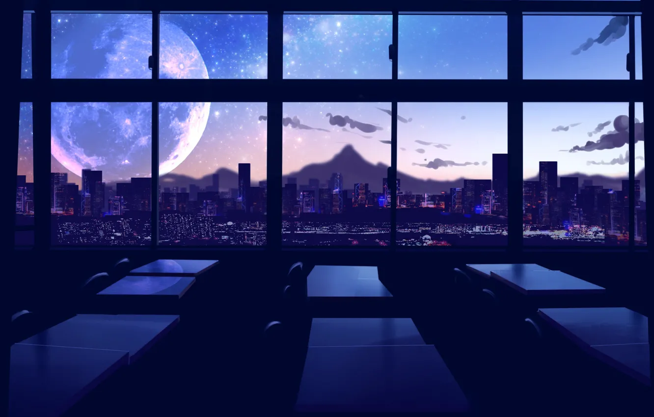Фото обои город, луна, вечер, классная комната