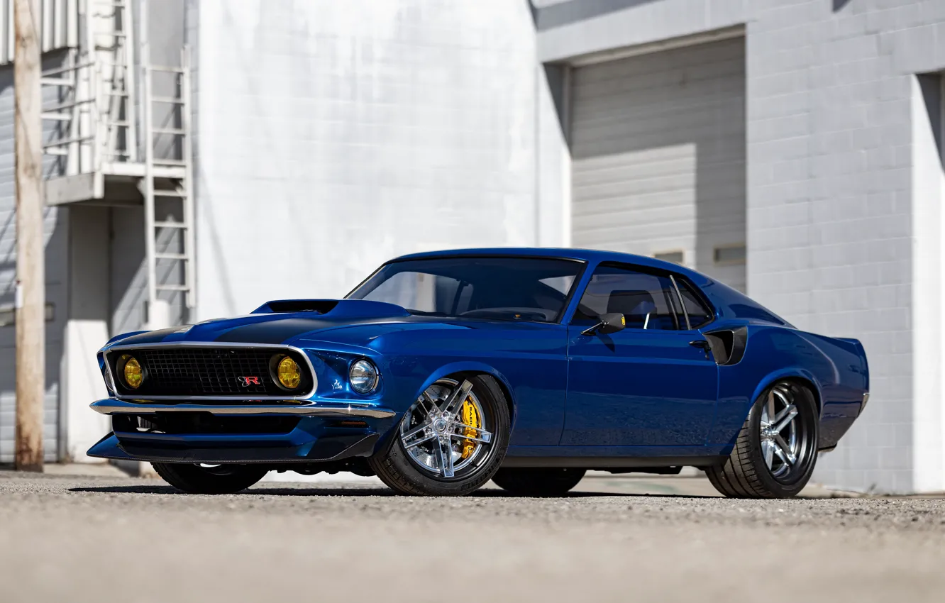 Фото обои Mustang, Ford, 1969, Ford Mustang, Blue, Front, Building, SEMA