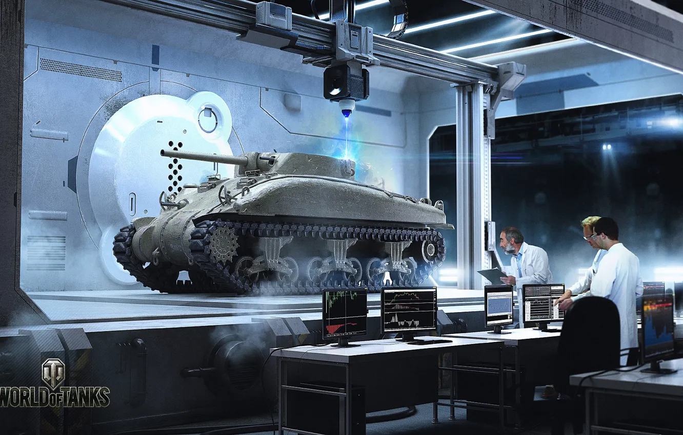 Фото обои танк, ученые, World of Tanks, стэнд, server sherman