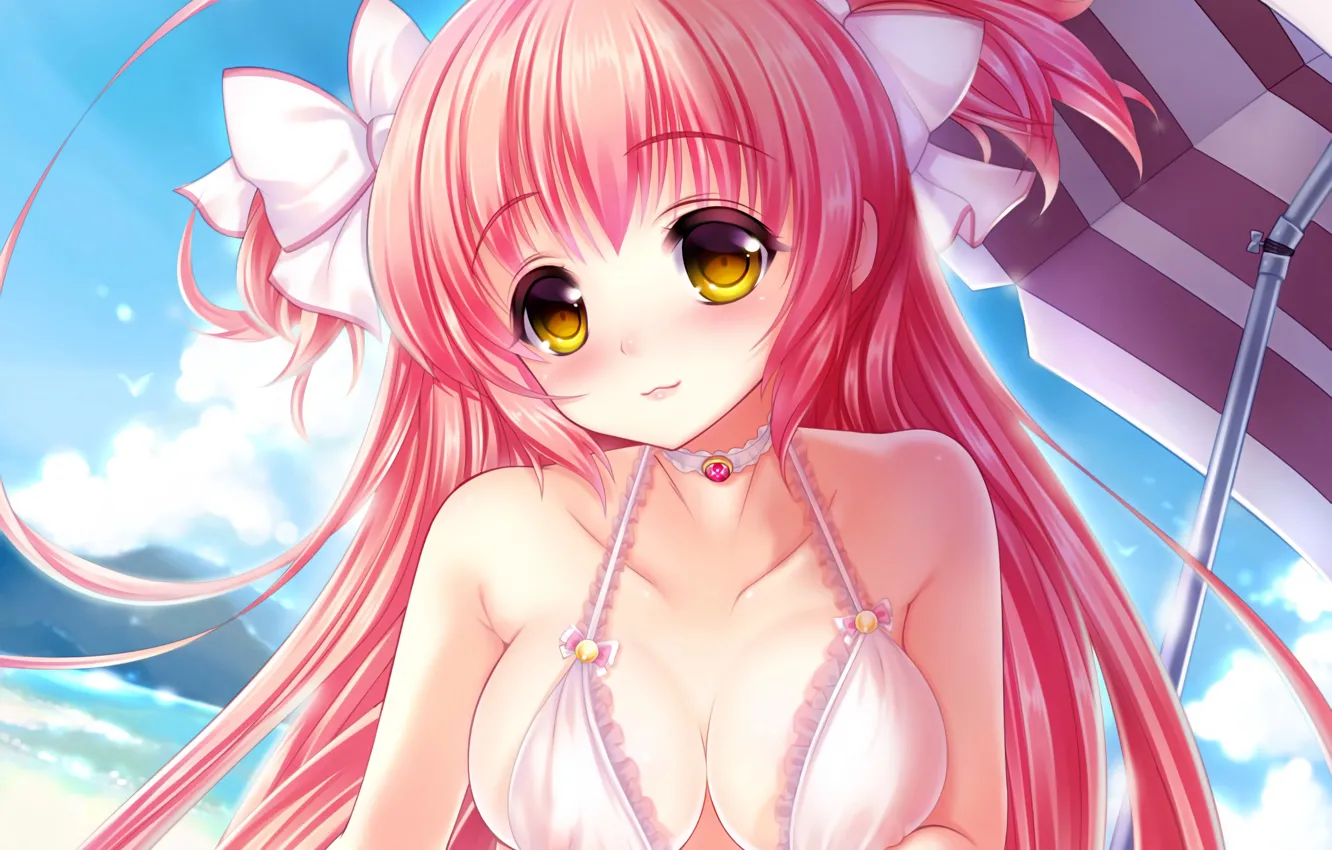 Фото обои girl, sexy, cleavage, pink hair, long hair, boobs, anime, beautiful