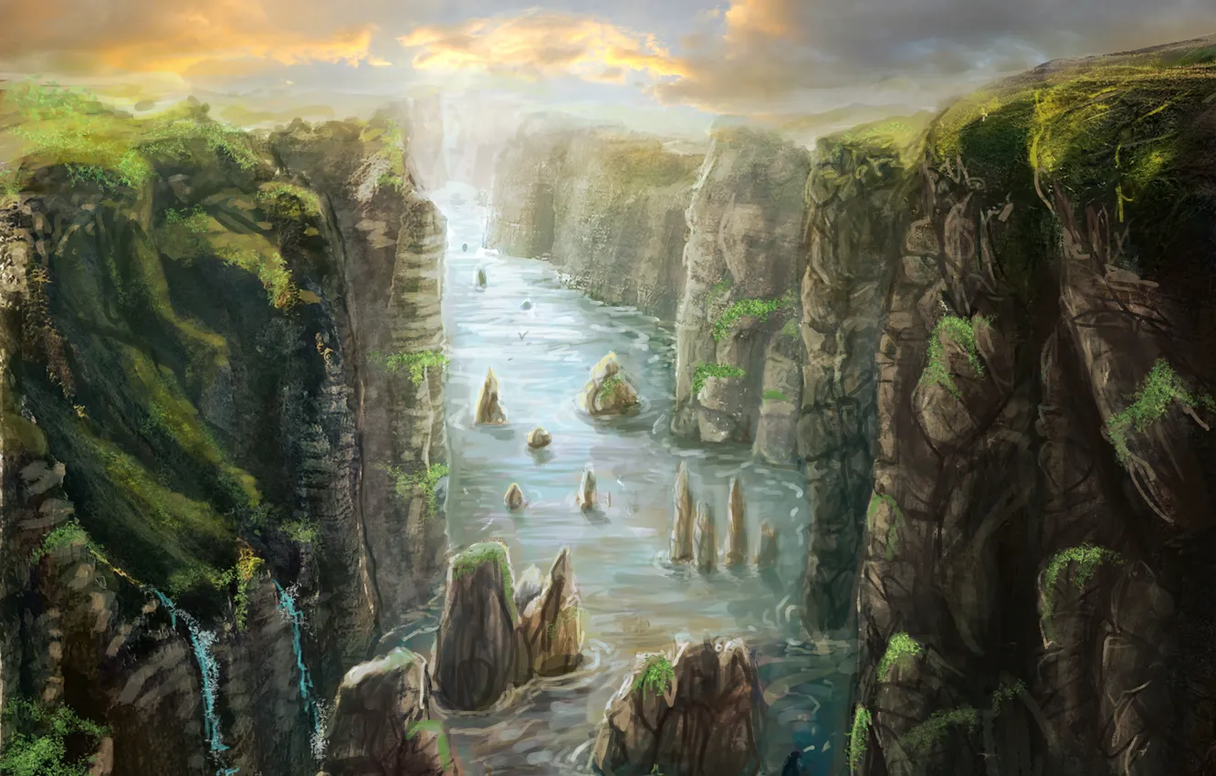 Фото обои пейзаж, птицы, река, камни, обрыв, скалы, арт, ущелье